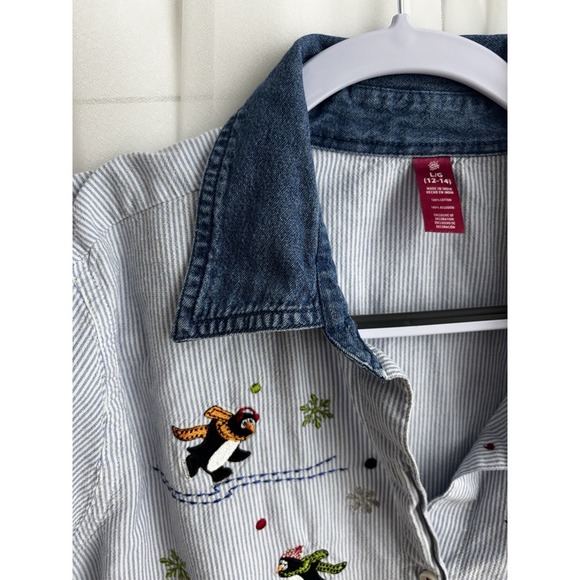 Womens L G 12 14 Striped Penguin Ski Embroidered‎ Denim Collar Button Up Shirt - Picture 5 of 5